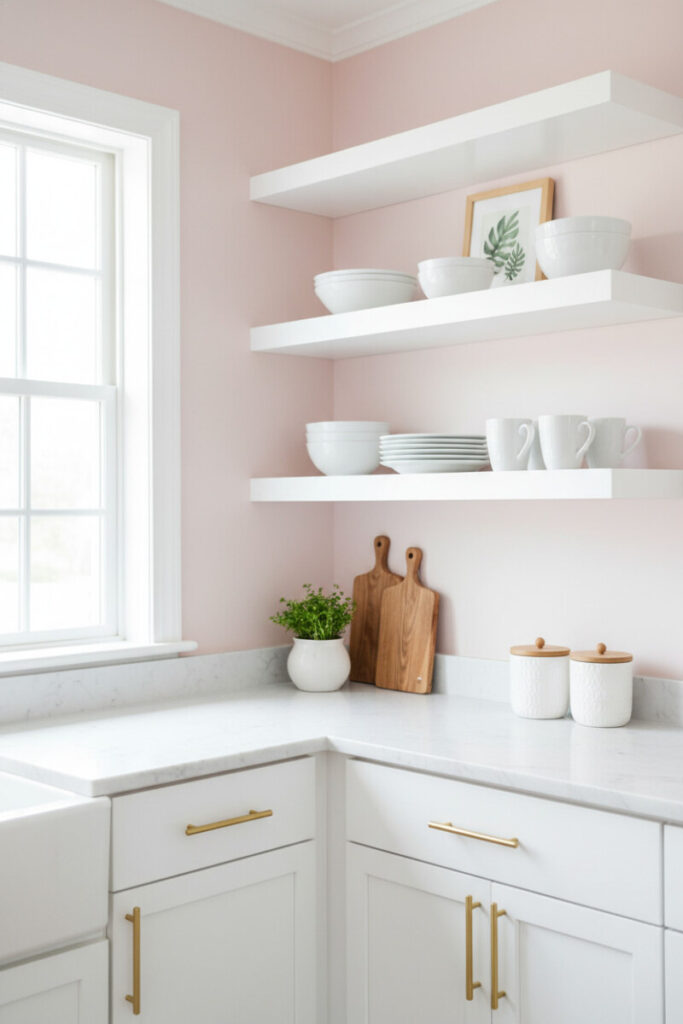 Soft blush wall with white floating shelves, gold hardware, and herbs—subtle accent perfect for pink kitchen ideas for small spaces.