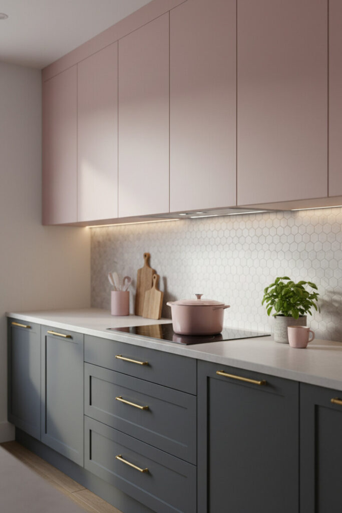 Dusty pink slab uppers over slate gray lowers with mosaic backsplash and gold pulls—tailored modern pink kitchen.