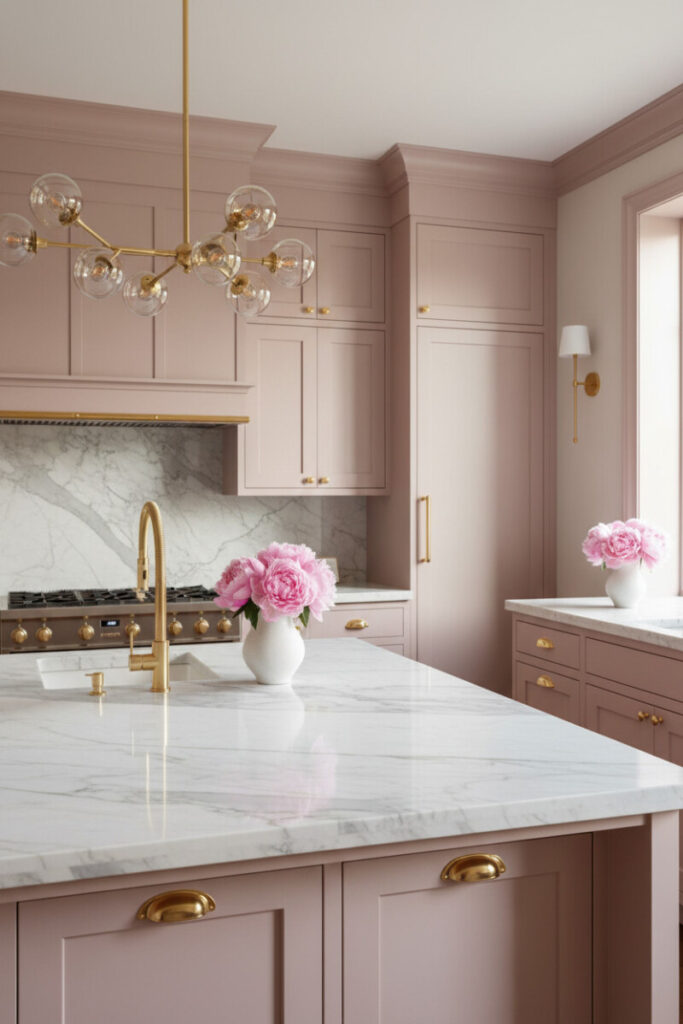 Dusty rose Shaker cabinets with polished brass, marble island, and peonies—elegant classic-meets-glam space.