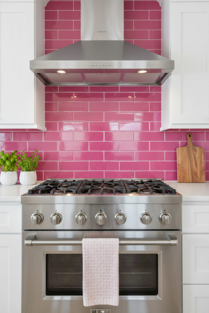 Glossy magenta subway tile backsplash with white Shaker cabinets and pro stainless range—striking Pink Kitchen Designs detail.