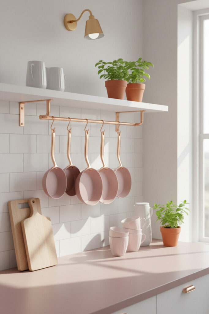 Rail of blush frying pans with rose-gold handles above dusty rose counter—compact storage wins for pink kitchen ideas for small spaces.