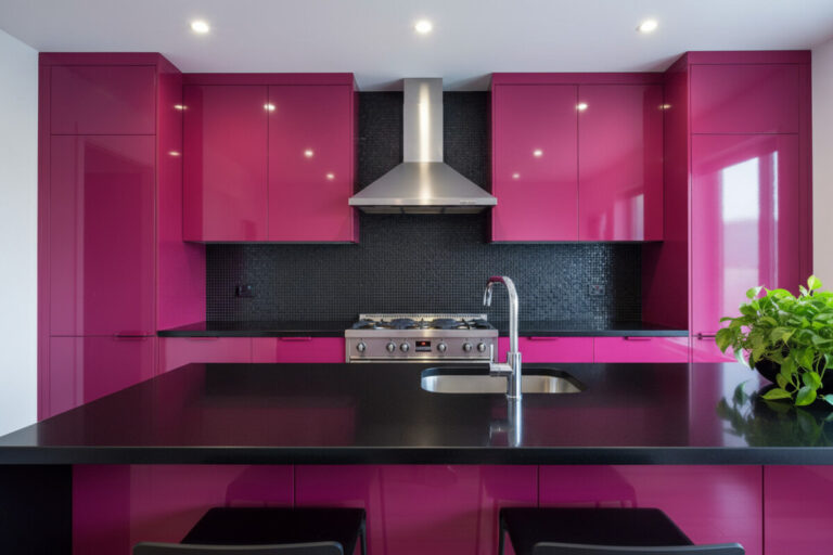 High-gloss magenta cabinets with black counters and matte black mosaic—bold, urban modern pink kitchen.