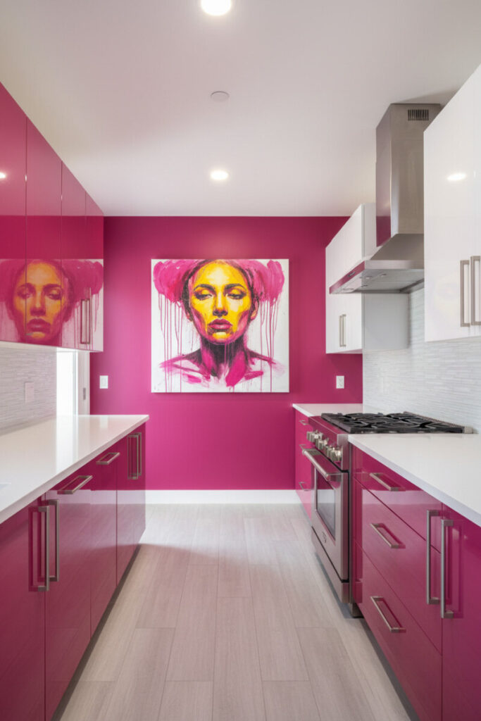 Hot pink accent wall with abstract art, sleek pink cabinetry, and white quartz—gallery-ready modern pink kitchen.