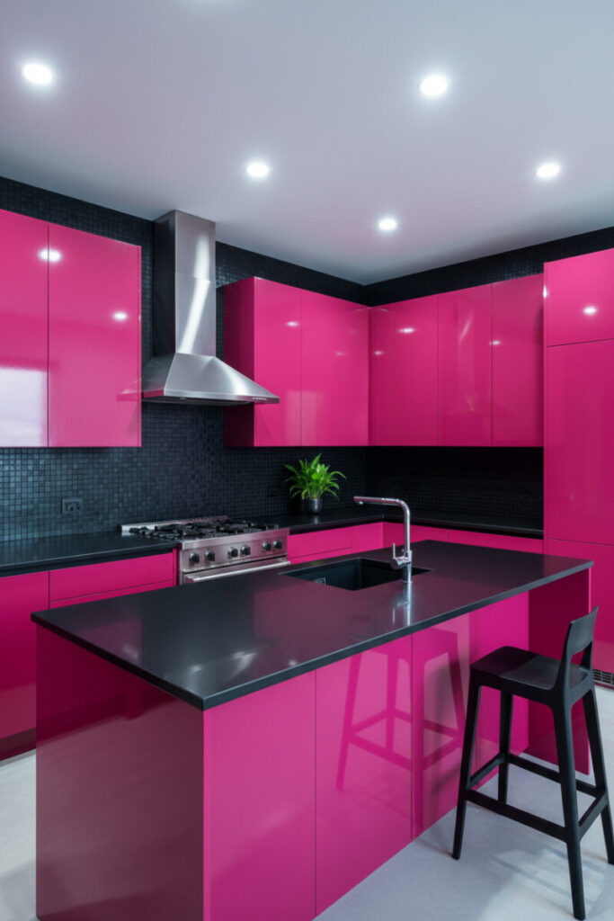 High-gloss magenta cabinets with black counters and matte black mosaic—bold, urban modern pink kitchen.