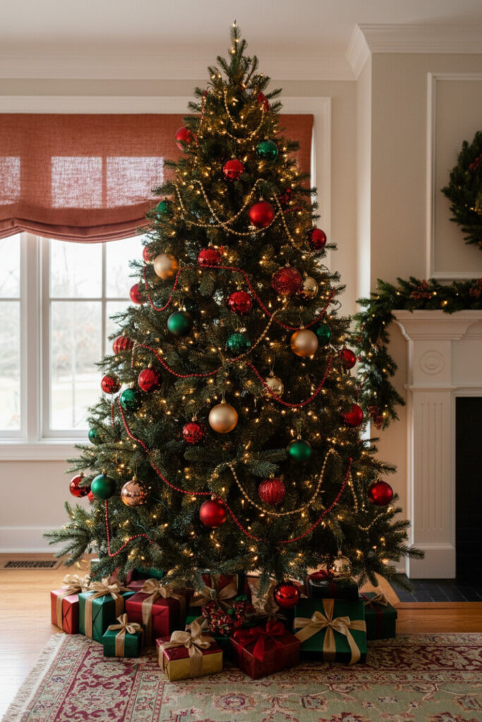 Grand fir with cascading Red & Gold Beaded Garlands, warm lights, gifts on oriental rug—classic Red Christmas Tree Decorations in a cozy living room.