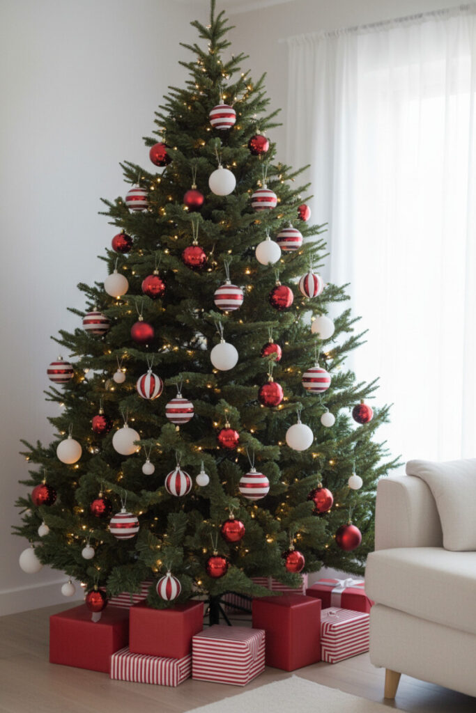 Modern tree with red and white striped glass ball ornaments, warm LEDs and minimalist sofa—how to decorate a Christmas tree with red made simple.