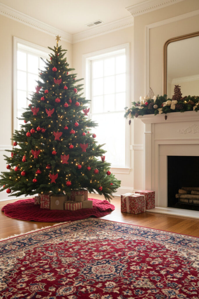 Classic living room tree featuring glossy red baubles and matte red angel ornaments on a quilted skirt.