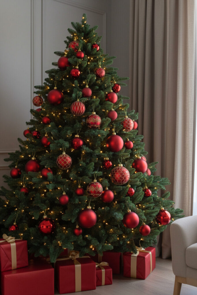 Emerald tree covered in rich red baubles with gold accents and luxe red gifts—timeless red Christmas ornaments.