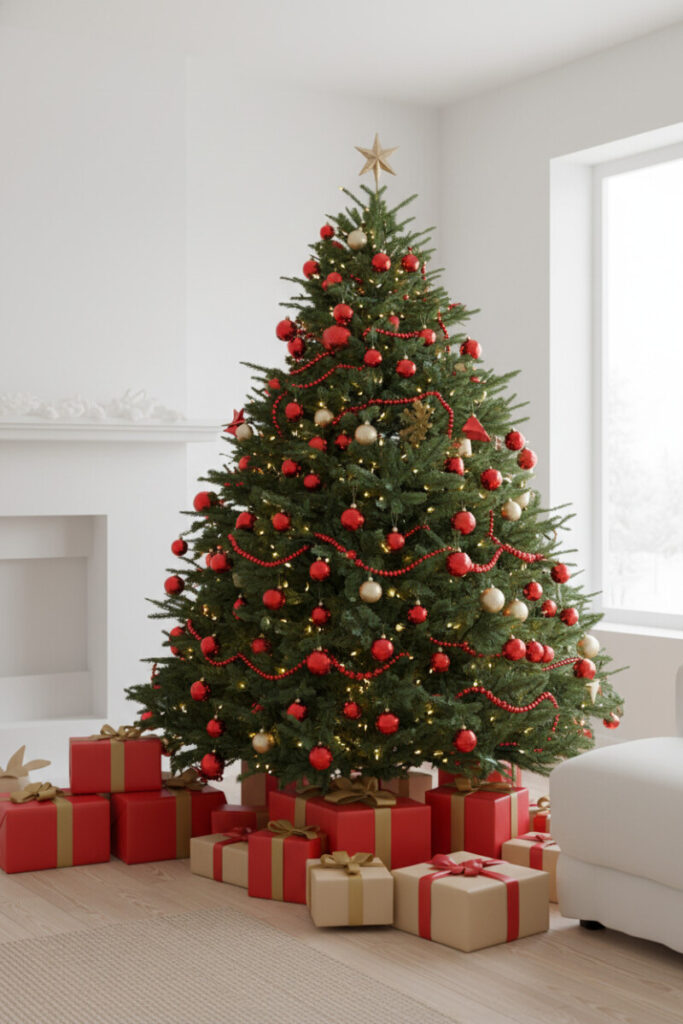 Densely dressed tree with shimmering red bead garlands looping among lights and presents—holiday tree decor detail.
