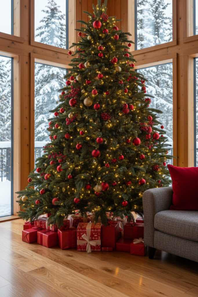 Floor-to-ceiling evergreen accented with vibrant red berry sprigs, champagne ornaments and snow-covered view outside.