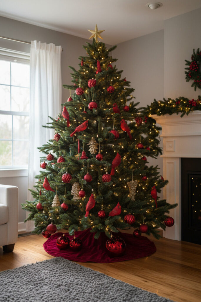 Majestic tree with lifelike red cardinal bird ornaments perched among lights—best red Christmas tree decoration ideas for nature lovers.