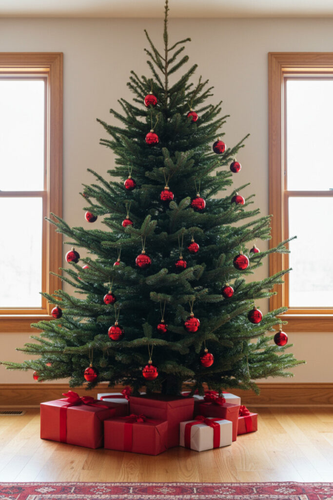 Bright room with tree hung exclusively with high-gloss red glass ball ornaments, stacked red and white gifts below.