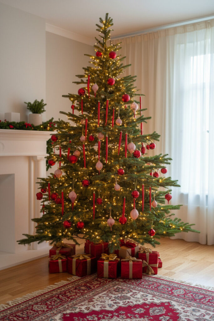 Elegant evergreen featuring elongated red glass icicle ornaments and blush drops over a Persian rug—red Christmas ornaments with sparkle.