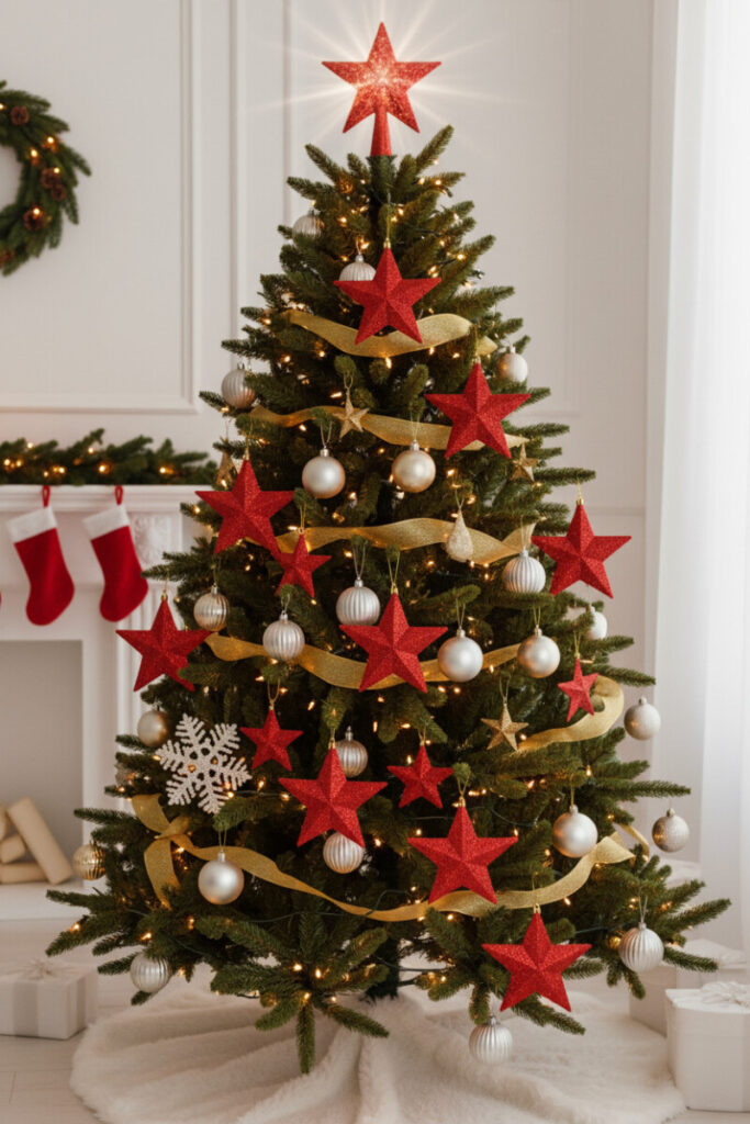 Dark-green tree studded with red glitter stars, metallic gold accents and snowflakes on a white fur skirt.