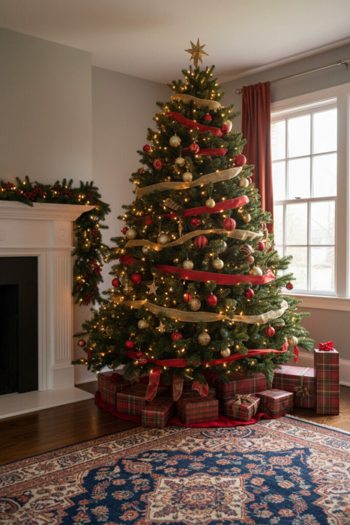 Full tree with flowing red and gold ribbon streamers, twinkling lights and plaid gifts—a showcase of holiday tree decor.