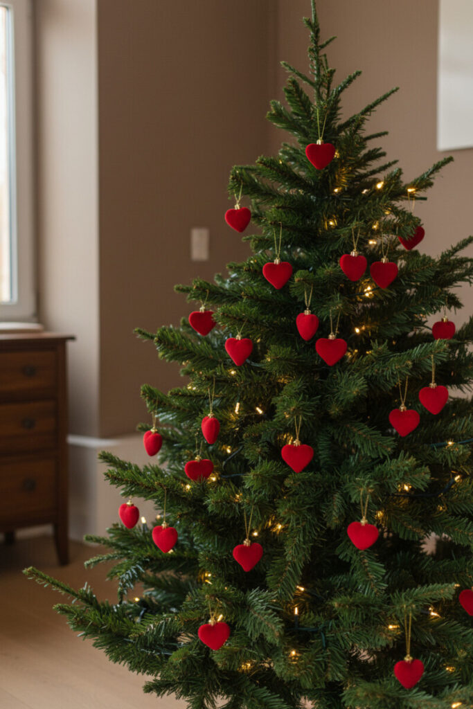 Cozy scene with plush red heart ornaments and warm LEDs creating soft golden bokeh—holiday tree decor with romance.