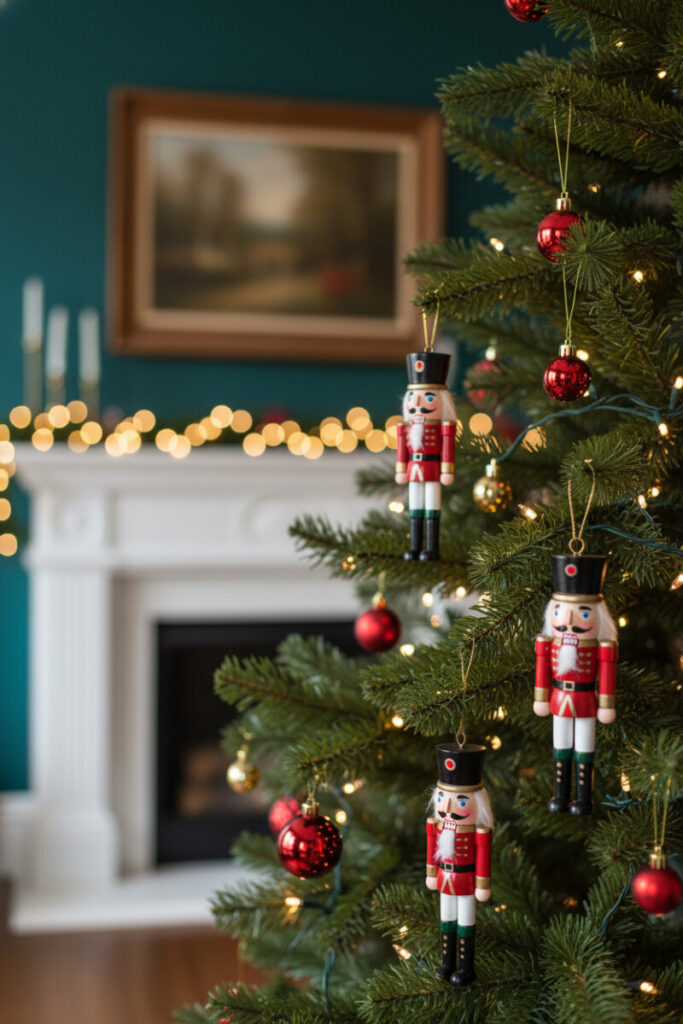 Close-up of painted red nutcracker ornaments among shiny baubles and gold lights against deep teal wall—Red Christmas Tree Decorations with whimsy.