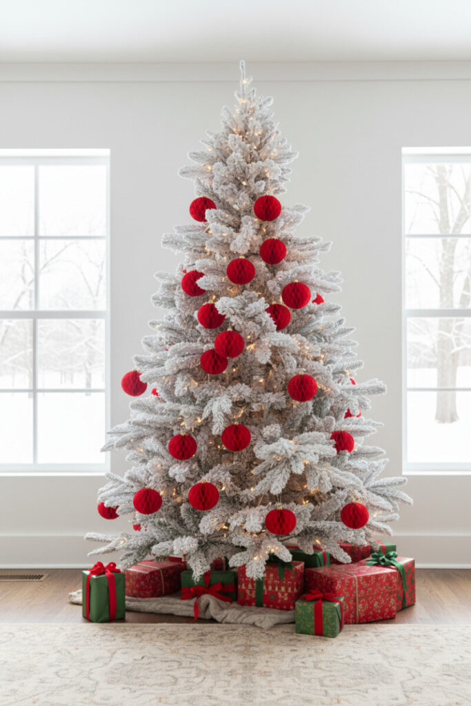 Tall flocked tree adorned only with vivid red paper lantern ornaments, bright daylight from both windows.