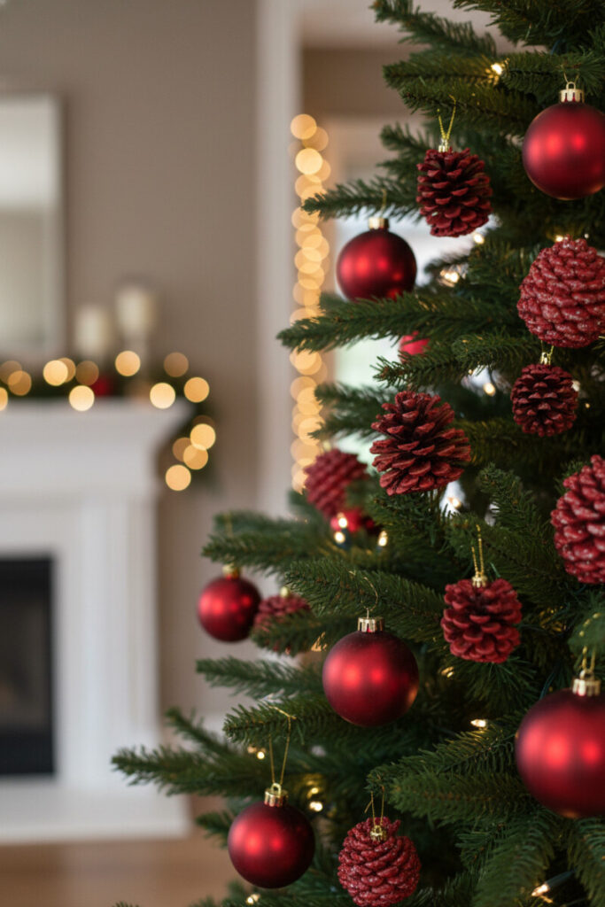 Close-up evergreen showing matte crimson balls and red-washed pinecone ornaments with warm fairy lights.