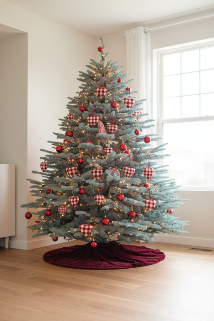 Dusty blue-green spruce featuring red plaid fabric heart ornaments, bronze spheres and burgundy velvet skirt—how to decorate a Christmas tree with red in cozy style.