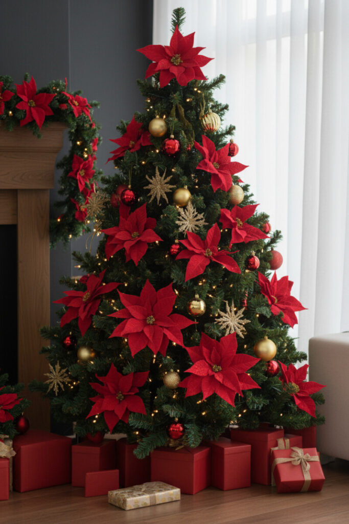Lush tree bursting with velvet red poinsettia flowers, glitter stars and reflective gold balls—best red Christmas tree decoration ideas for drama.