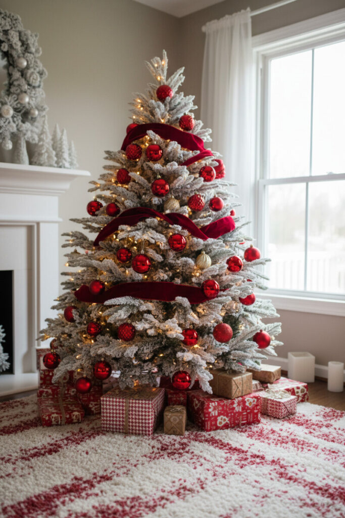 Elegant living room tree with wide red ribbon wrap spiraling from topper to base, champagne accents—signature Red Christmas Tree Decorations.