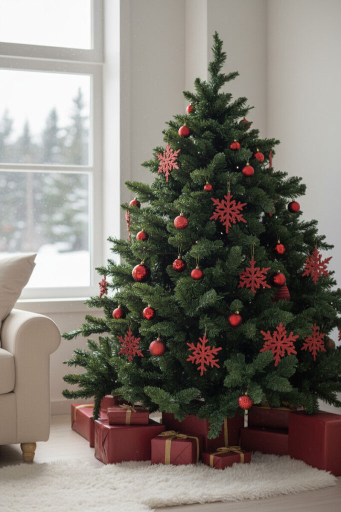 Dark emerald artificial tree with matte cherry red laser-cut snowflakes and glossy spheres over white faux-fur rug.