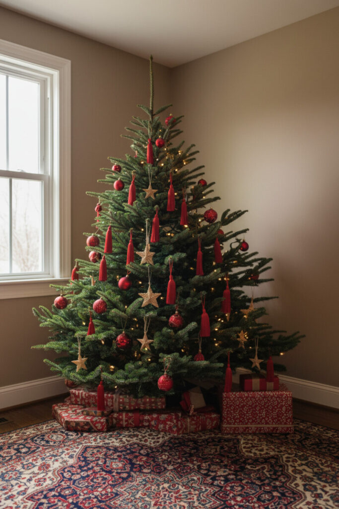 Corner tree dressed with deep crimson silk tassel ornaments, mixed metals and rustic straw stars—sophisticated holiday tree decor.