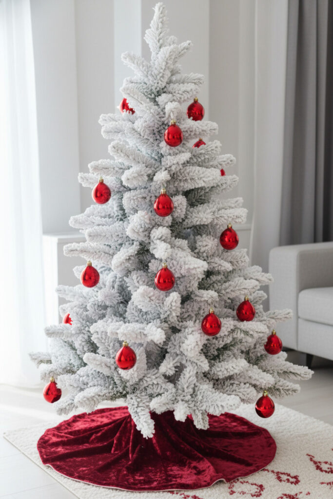 Thickly flocked modern tree showcasing glossy red teardrop ornaments and a crimson velvet skirt—red Christmas ornaments reimagined.