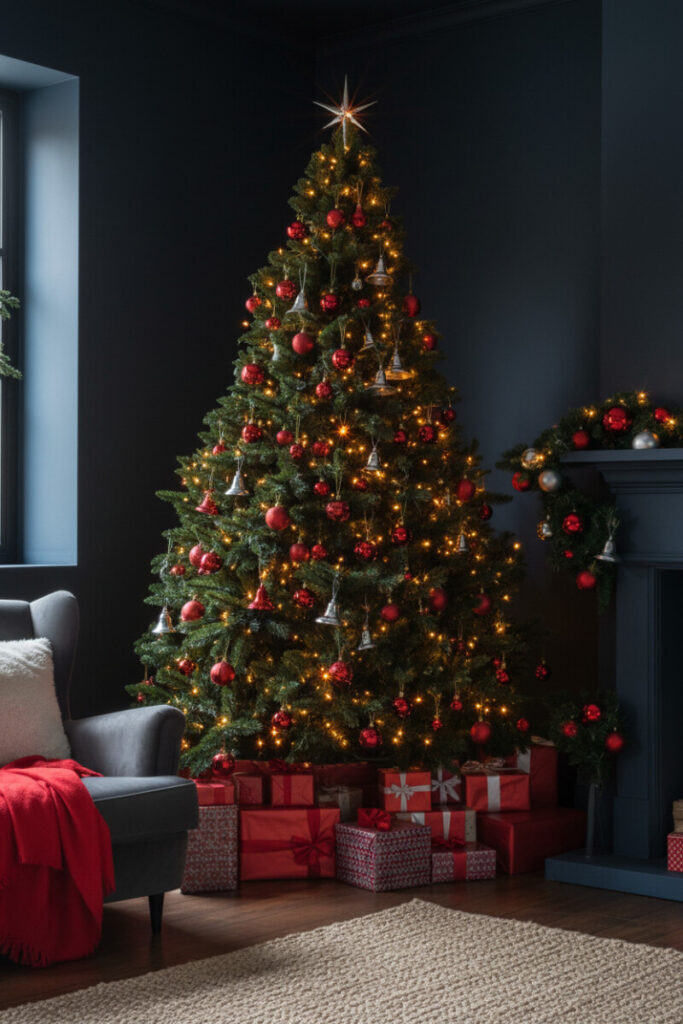 Moody corner tree adorned with glossy red and silver bell ornaments, reflective shine and stacked presents.