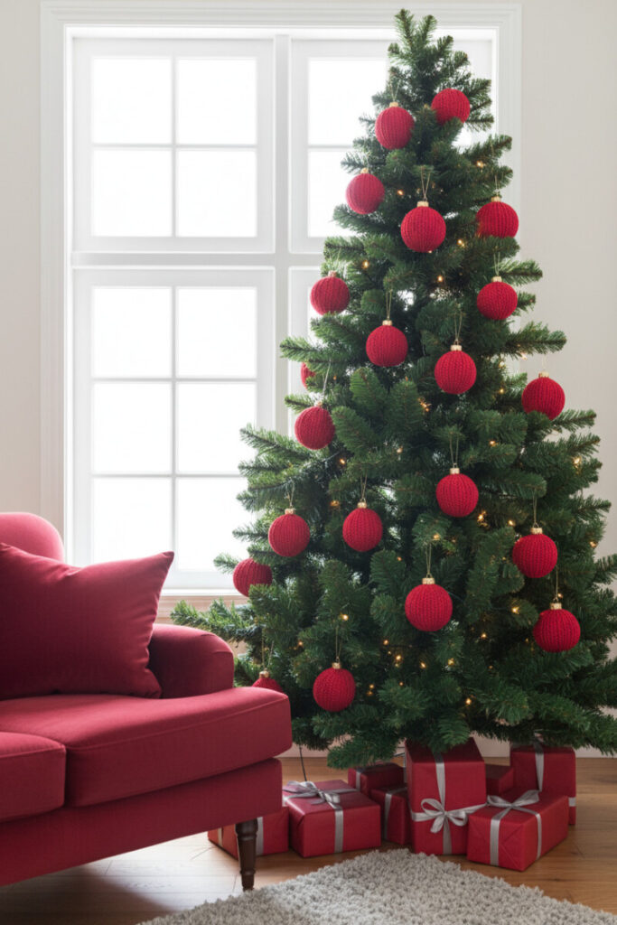 Bright living room with knitted, tactile red textured ornaments and a matching crimson velvet armchair—how to decorate a Christmas tree with red using texture.