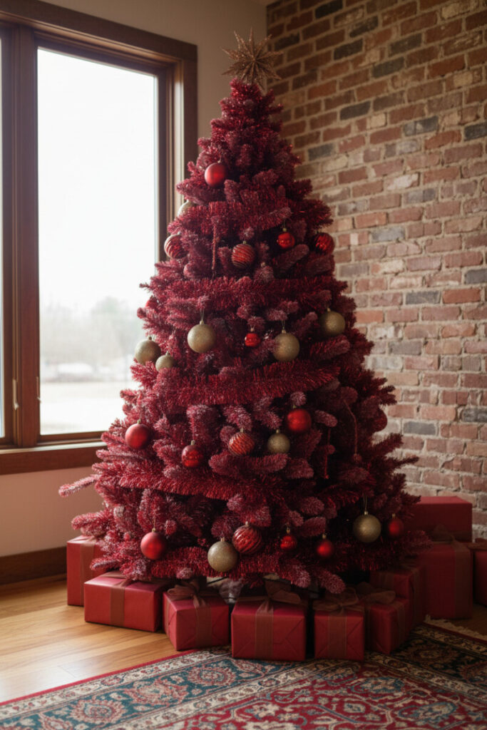 Full tree wrapped in fluffy crimson red tinsel with champagne accents against a red brick wall—retro-cool Red Christmas Tree Decorations.