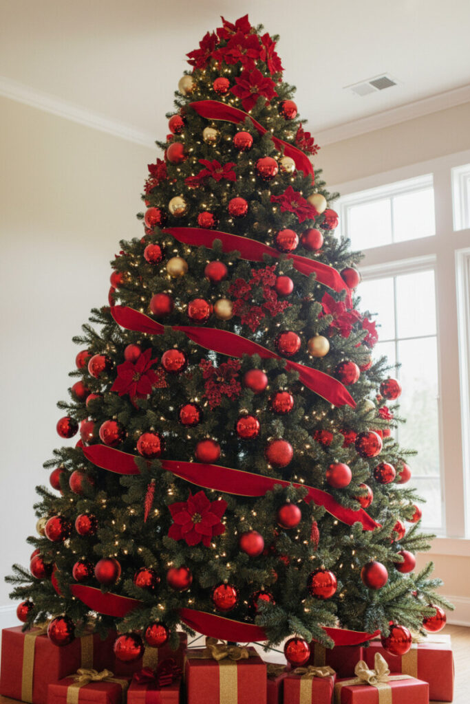 Floor-to-ceiling fir woven with velvet red ribbon garlands, glossy baubles and gold gifts—best red Christmas tree decoration ideas in luxe finish.