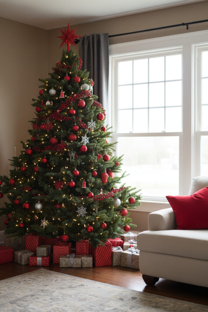 Lush evergreen wrapped in red berry and red–silver snowflake garlands, sparkling star finial—refined red Christmas ornaments.