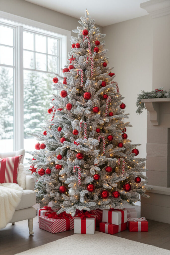 Heavily flocked tree featuring oversized red and white candy canes and matching gifts, bright daylight through window.