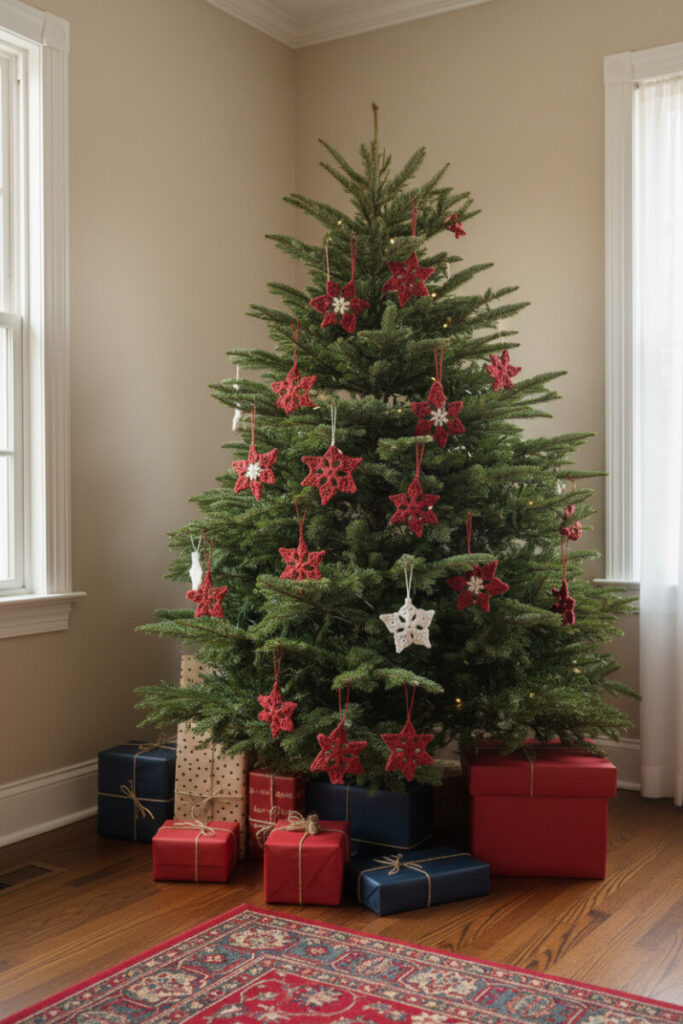 Natural tree decorated only with red and white crochet snowflakes; yarn texture and warm lights highlighted—best red Christmas tree decoration ideas.
