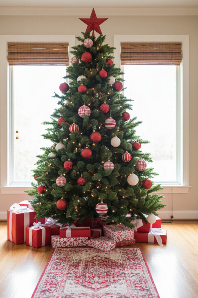 Tall tree between windows, dense with red and white fabric-wrapped balls and subtle red LEDs.