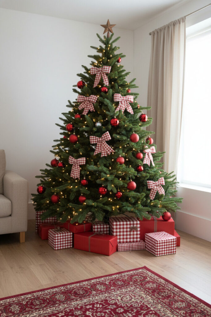 Rustic evergreen with red and white gingham bows, warm fairy lights and checkered wrapping paper—holiday tree decor inspiration.