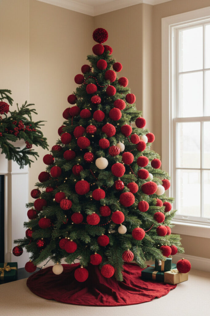 Centered tree drenched in deep crimson pom-pom ornaments and matching garland, plush red skirt—Red Christmas Tree Decorations done boldly.