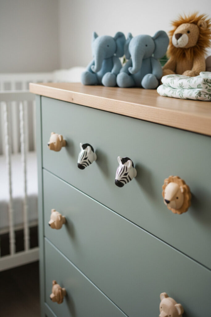 Animal drawer knobs on a matte sage-gray dresser with oak top, plush elephant and lion toys, shallow depth of field in cozy Safari Nursery Designs.