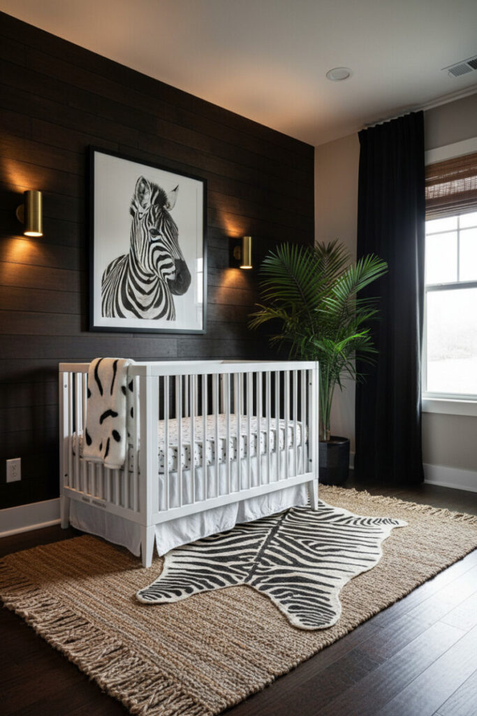 Monochrome nursery with white crib, dark wood accent wall, zebra art and jute rug—high-contrast jungle nursery ideas with luxe lighting.