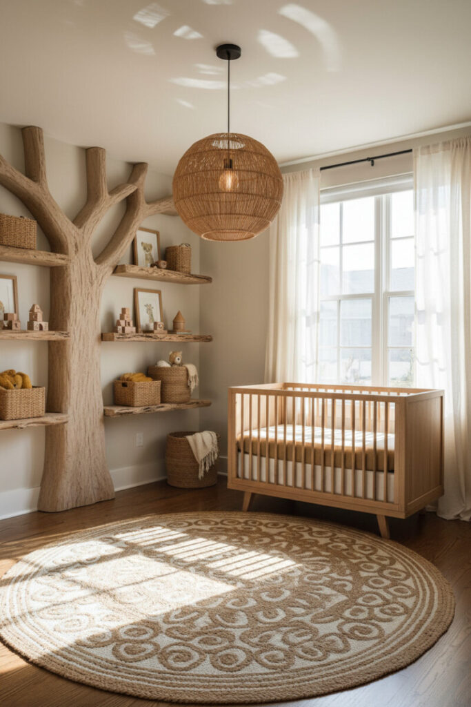 Sculpted tree bookshelf with rustic shelves, blonde oak crib, raffia globe pendant, and large circular jute rug—story-ready jungle nursery ideas.