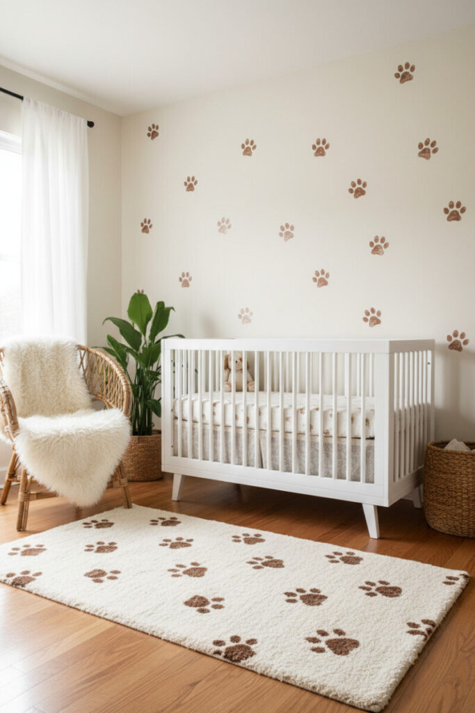 Bright nursery with scattered copper paw print wall decals and matching rug beside a minimalist white crib and woven basket.
