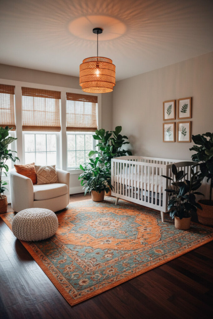 Boho corner with white crib, saffron-and-teal rug, rattan pendant, and lush baby-safe plants—modern safari nursery design ideas brought to life.