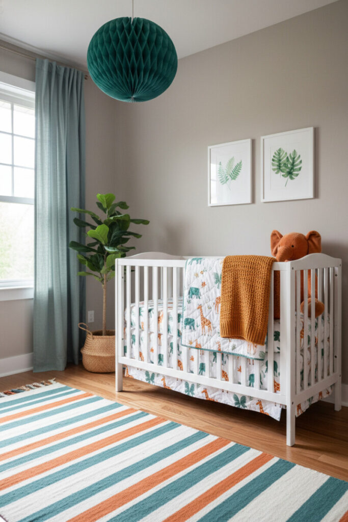 White crib styled with colorful animal bedding, teal lantern, striped rug, and faux tropical plant—playful safari nursery decor.