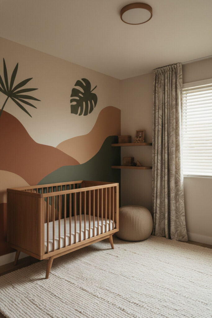 Minimalist nursery in warm neutrals with abstract foliage mural, wooden crib, chunky jute rug, and sage leaf drapes—gender neutral safari nursery.