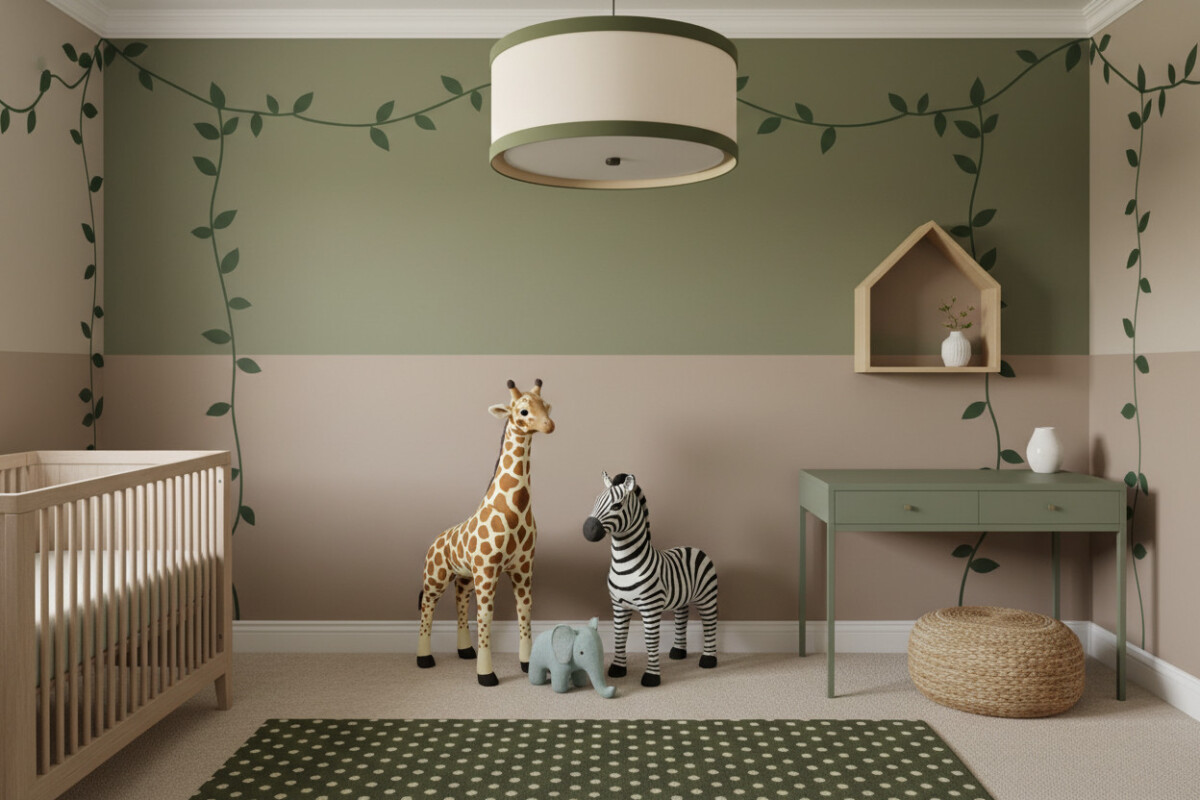 Oversized plush giraffe, zebra, and blue elephant against two-tone olive and taupe wall with vine decals, balancing crib and desk—playful jungle nursery ideas.