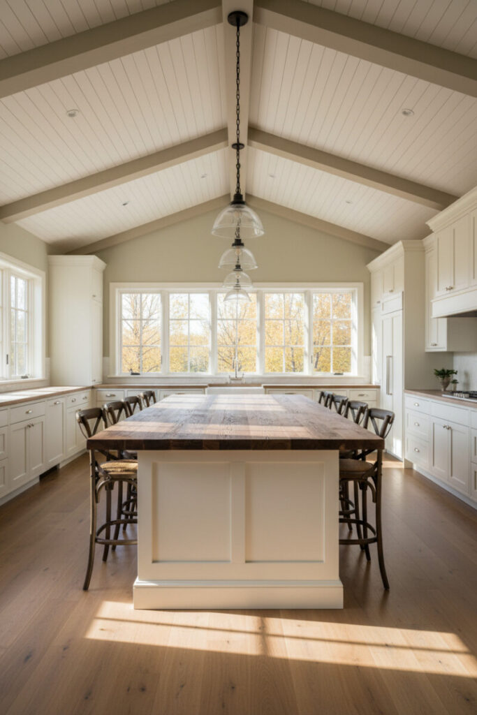 Airy white farmhouse kitchen with vaulted shiplap, walnut island, and seeded-glass pendants—Shiplap Ceiling Designs showcasing painted shiplap ceiling ideas in morning light.