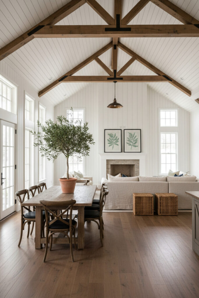 Transitional great room with light-washed shiplap vault, deep-brown beams, and French doors—serene Shiplap Ceiling Designs suited to coastal farmhouse ceilings.