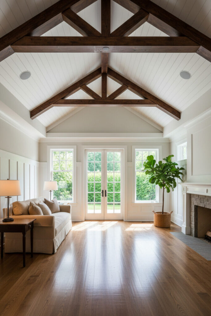 Opulent living room featuring white shiplap, espresso geometric beams with recessed lights, and French doors—wood beam ceiling styles and shiplap ceiling designs with beams.